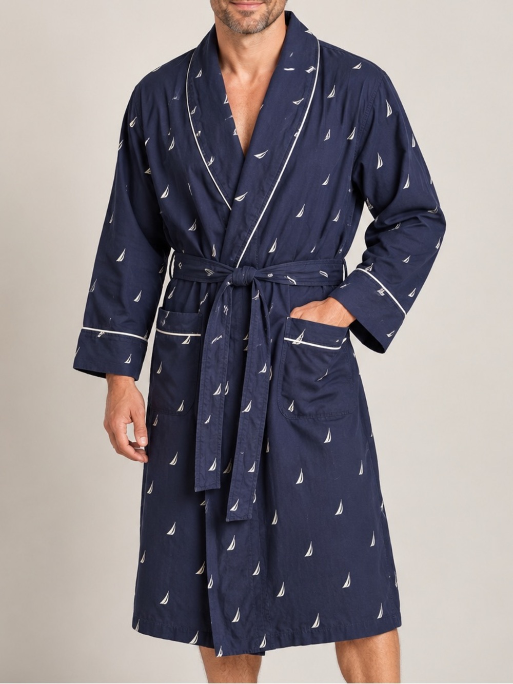 Nautica Men’s 100% Cotton Large Navy Nautical Sailboat Print Lightweight Robe